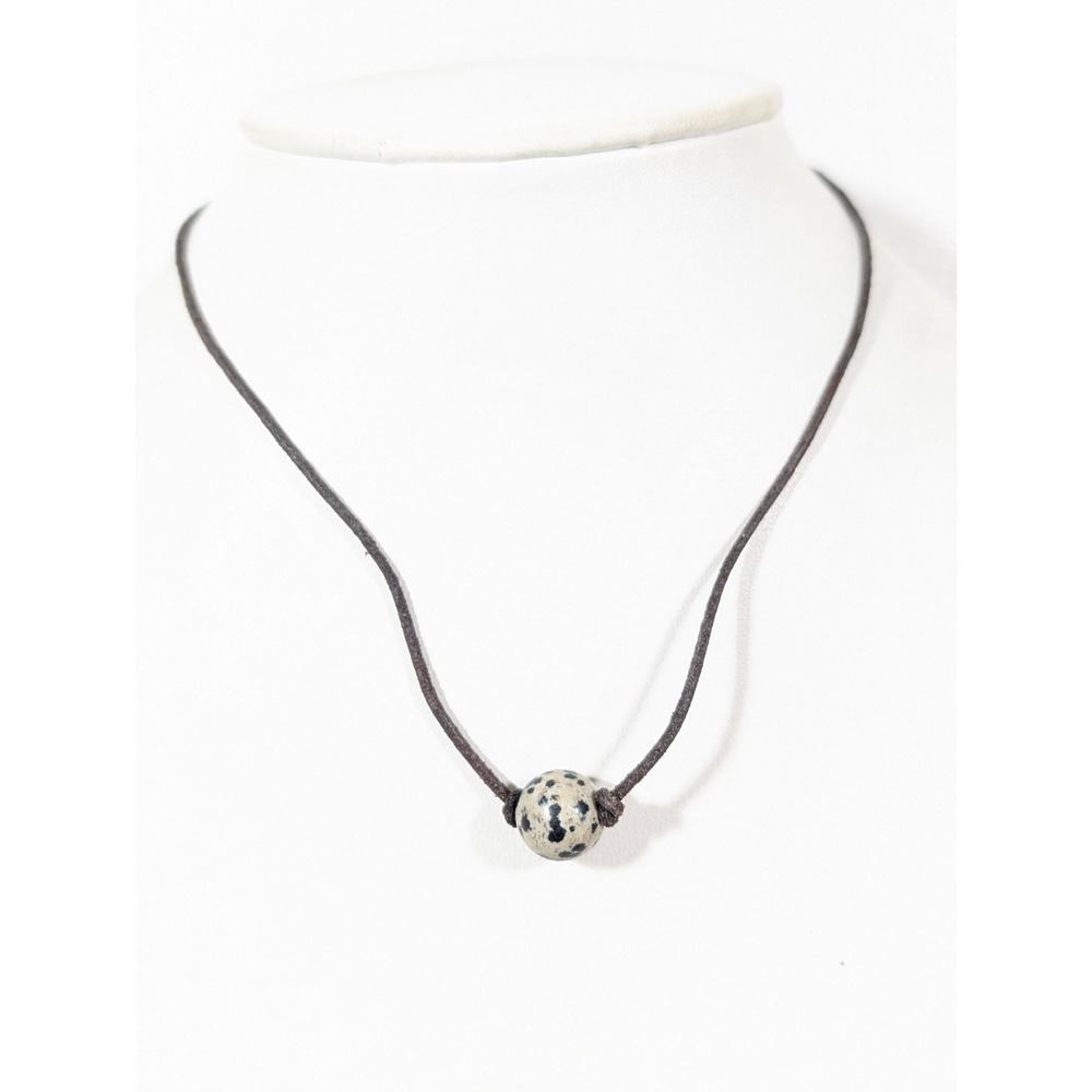 Canvas Spotted Dalmation Jasper Stone Brown Leather Cord Necklace Boho 17 in